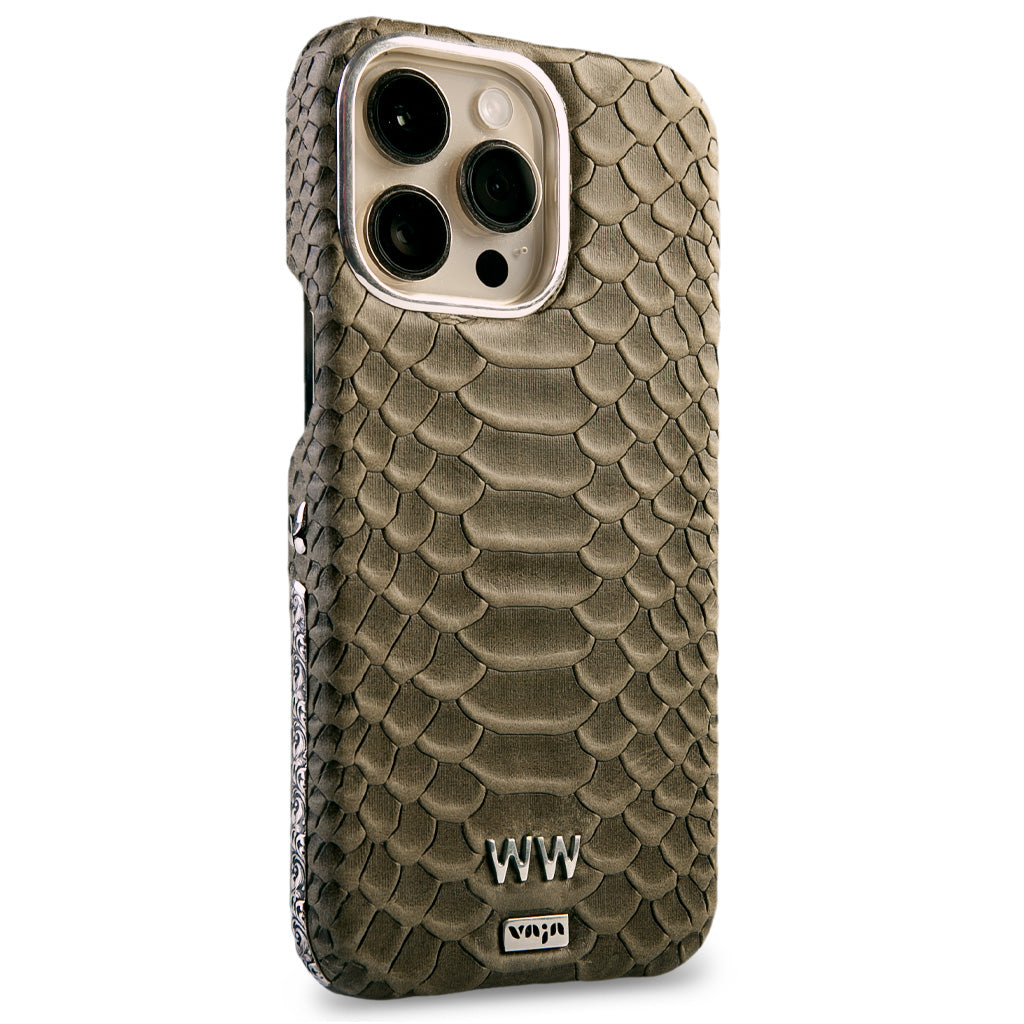 Custom Silver Kobra Grip iPhone 14 Pro Max leather case - Vaja