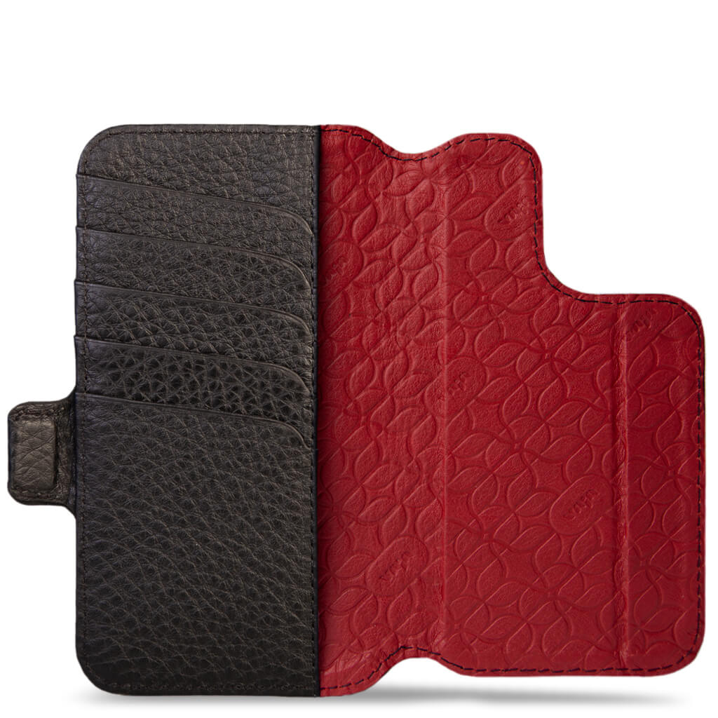 Torro iPhone 15 Pro Leather Wallet Case (with Stand Function) - Black with Red Detail