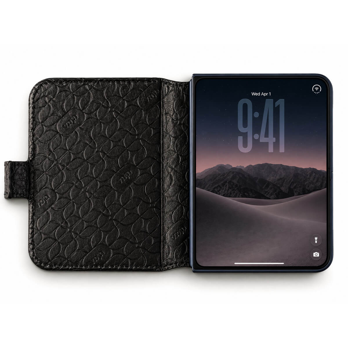 Leather Folio Wrap with Aramid Shell for iPhone Duo in Floater Black, closed - Vaja