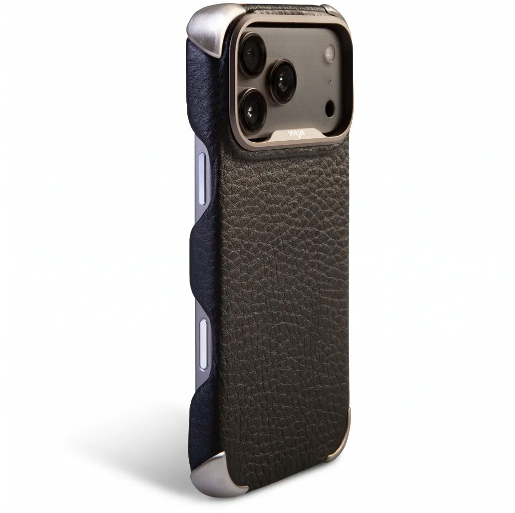 iPhone 18 Pro & iPhone 18 Pro Max Buckler Grip Leather Case with MagSafe, striped 316 stainless steel corner shields - Vaja
