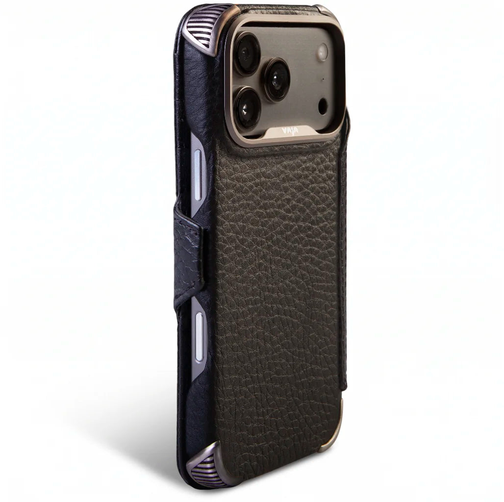 iPhone 18 Pro & iPhone 18 Pro Max Buckler Wallet Leather Case with MagSafe, striped 316 stainless steel corner shields - Vaja