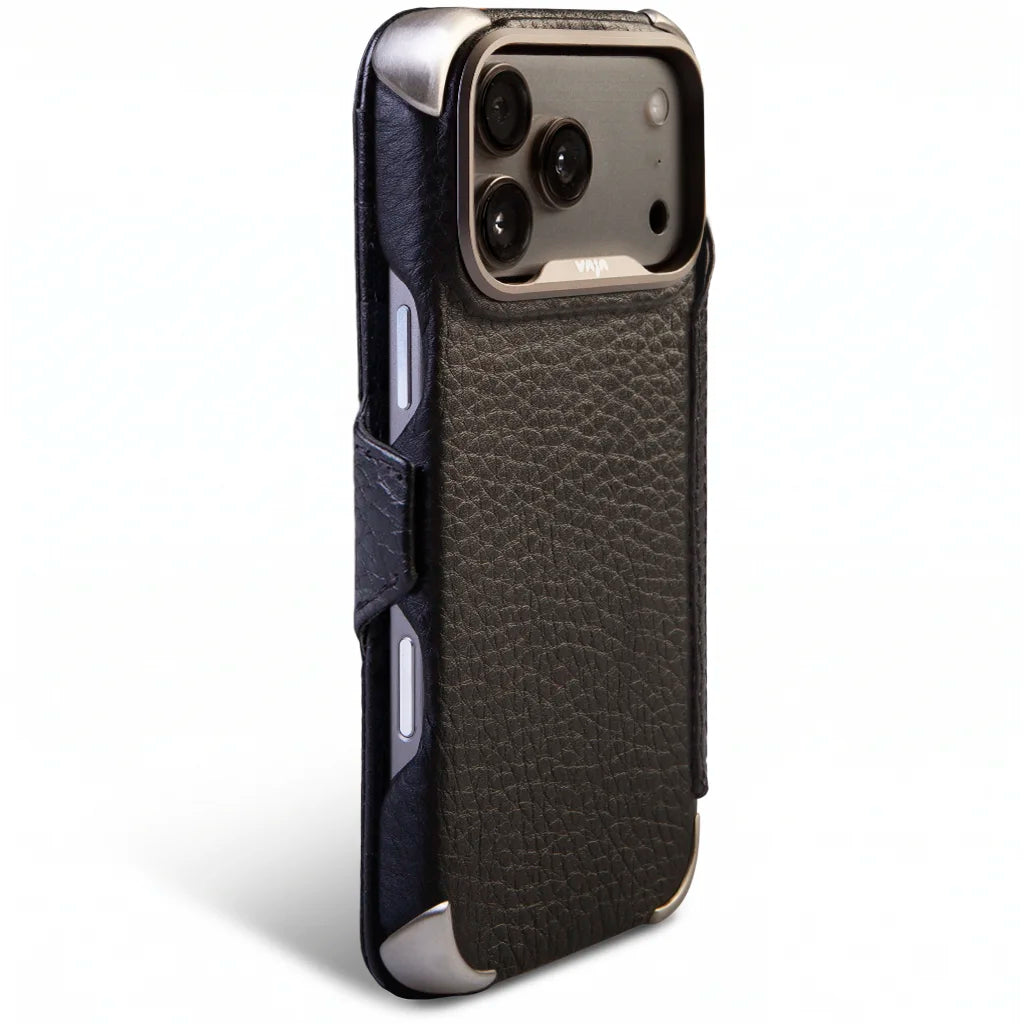 iPhone 18 Pro & iPhone 18 Pro Max Buckler Wallet Leather Case with MagSafe, striped 316 stainless steel corner shields - Vaja