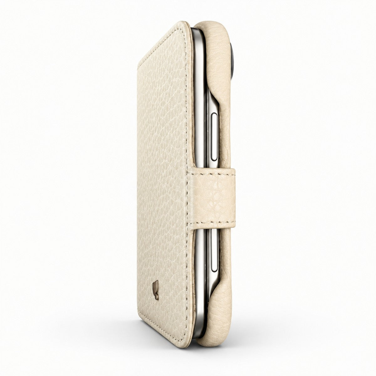 Folio iPhone Duo Leather Case in Floater Latte, side view - Vaja