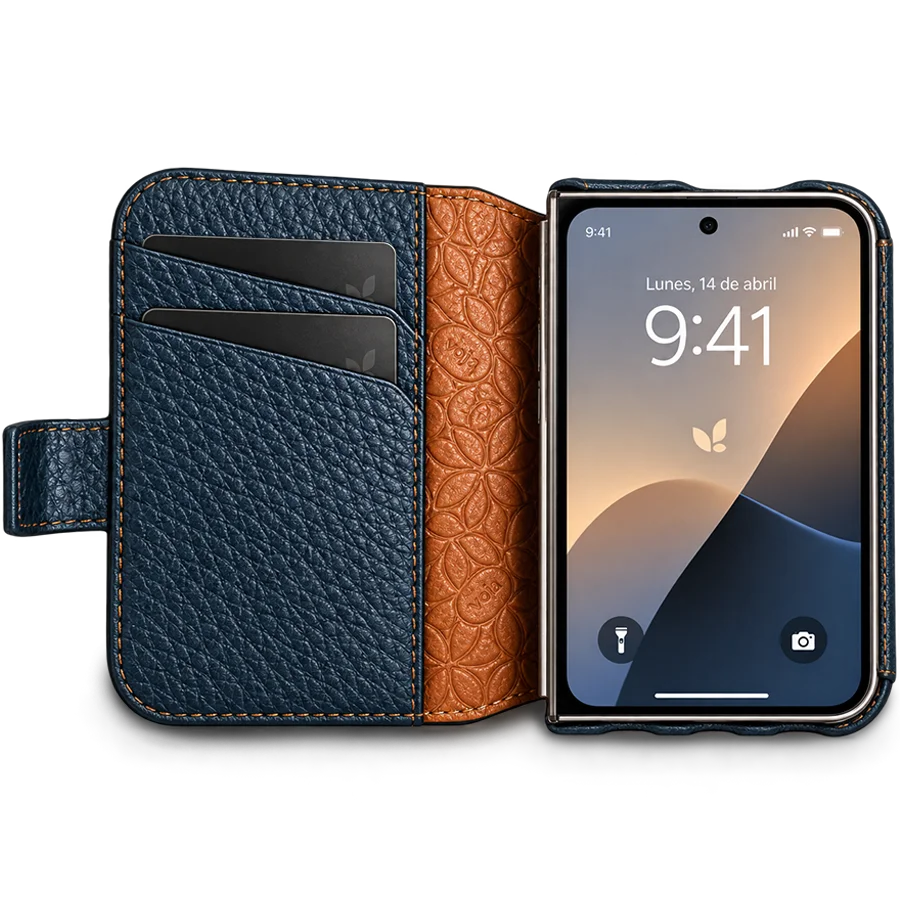 Interior of the iPhone Duo Wallet Leather Case, open to show the three RFID-protected card compartments and the leather lining