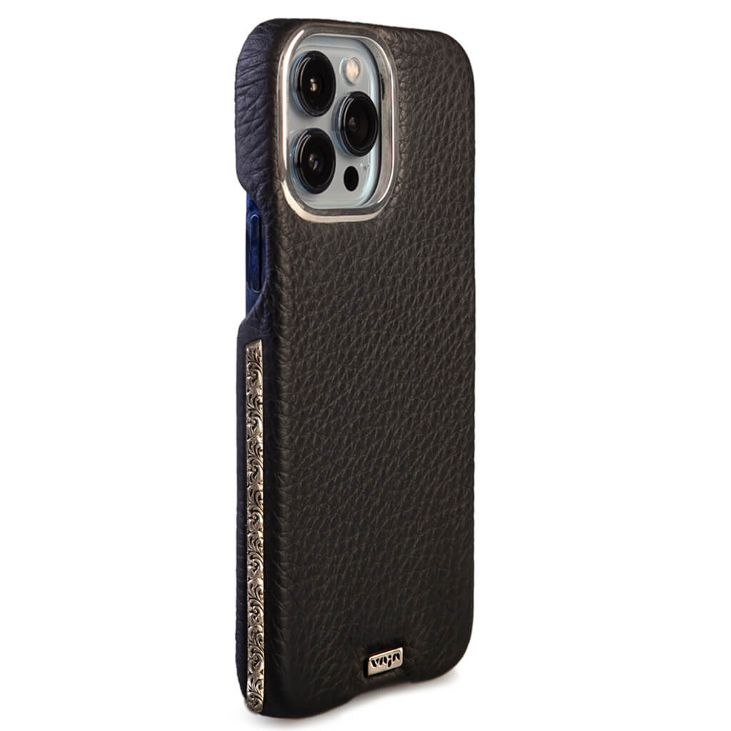 2 in 1 iPhone 15 Pro Leather Case with Silver Accents - Vaja