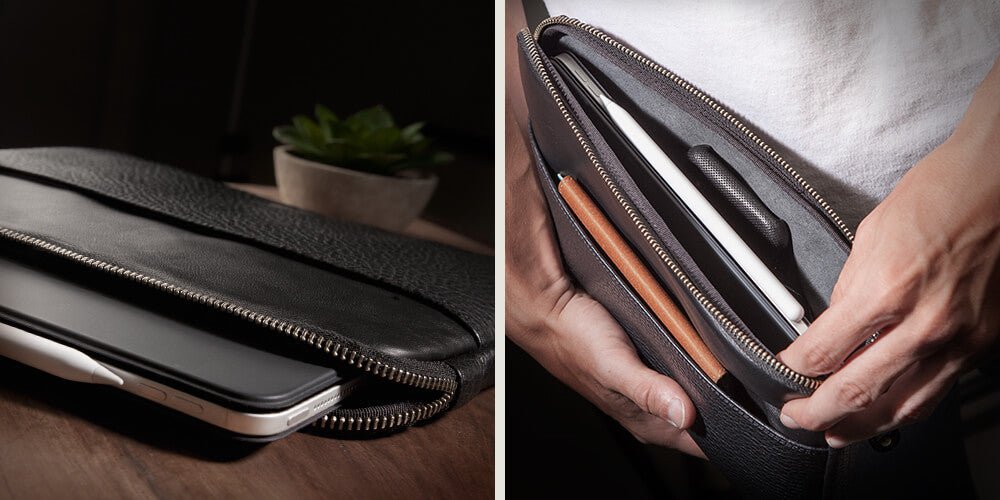 iPad Air (2020) and iPad Pro 11 Zippered Leather Pouch - Floater Black and Bridge Saddle Tan